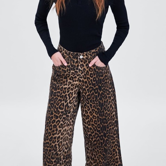 NEW Zara Leopard Mid-Rise Wide Leg Culotte Jeans - Picture 4 of 7